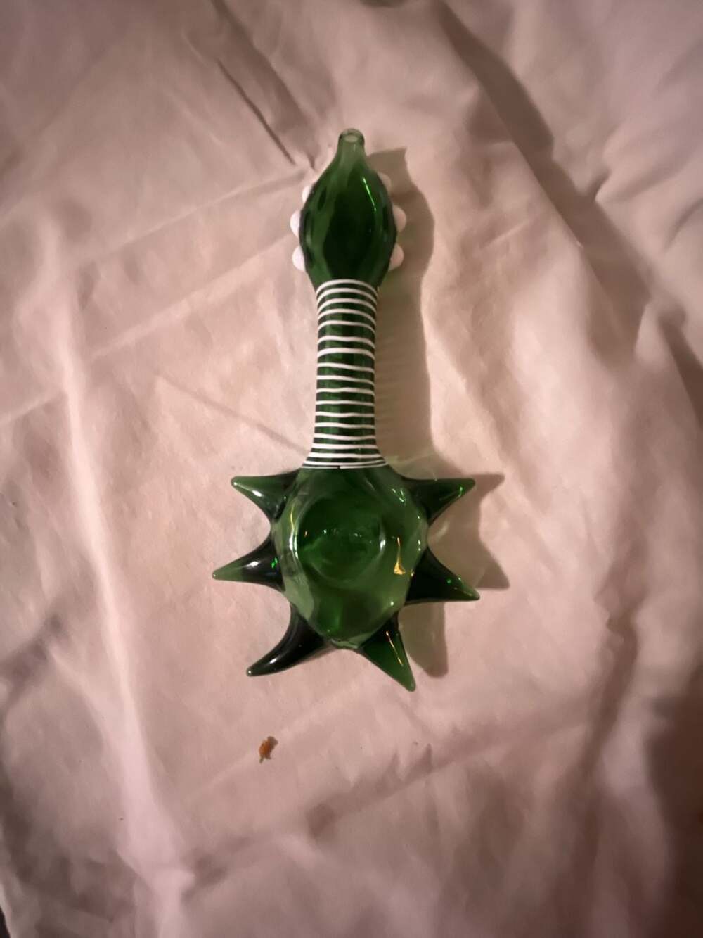 Art Glass Handblown Spiked Green Piece White Striped Stem